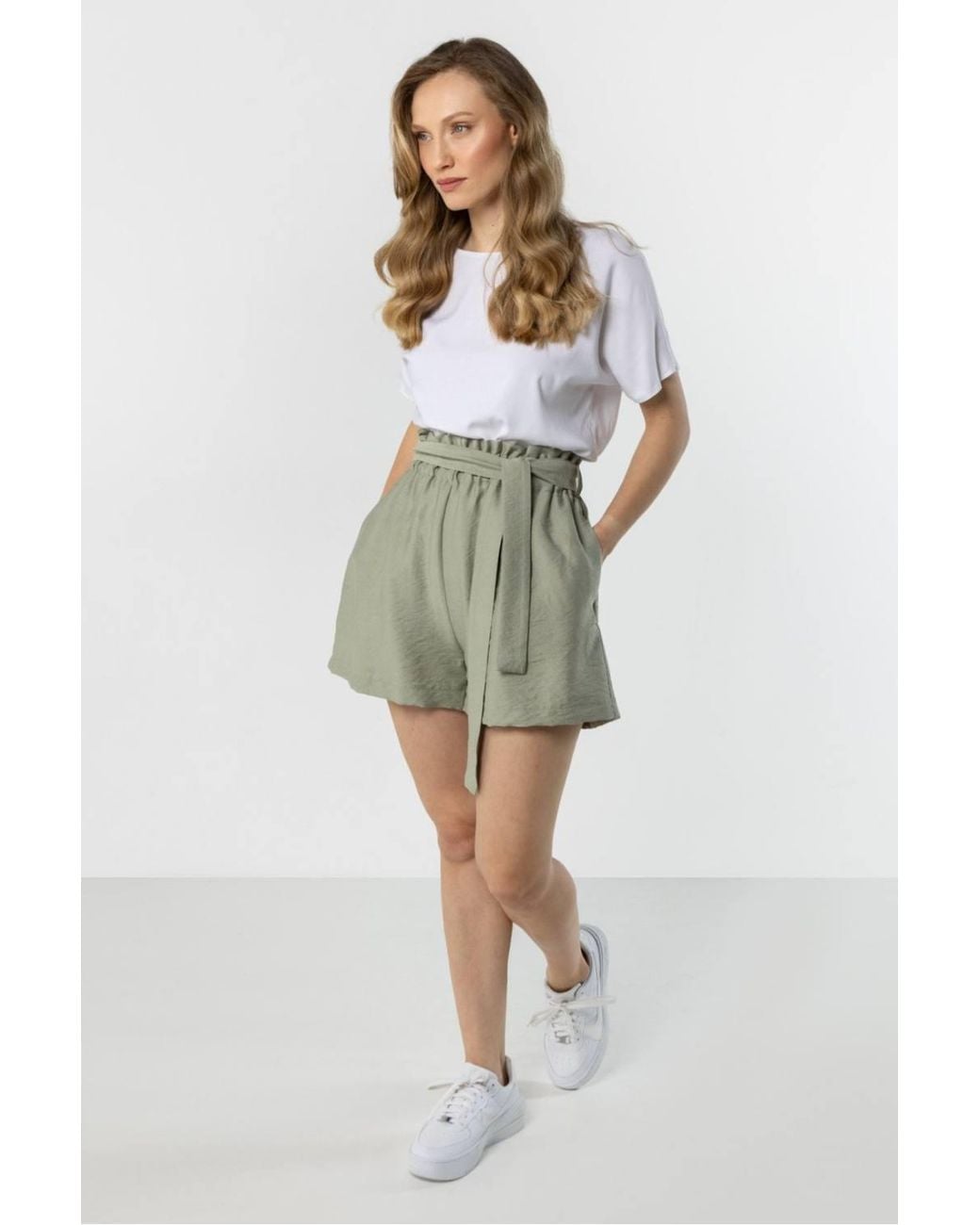 Love Lace Green Lightweight High Waisted Pleated Tie Shorts