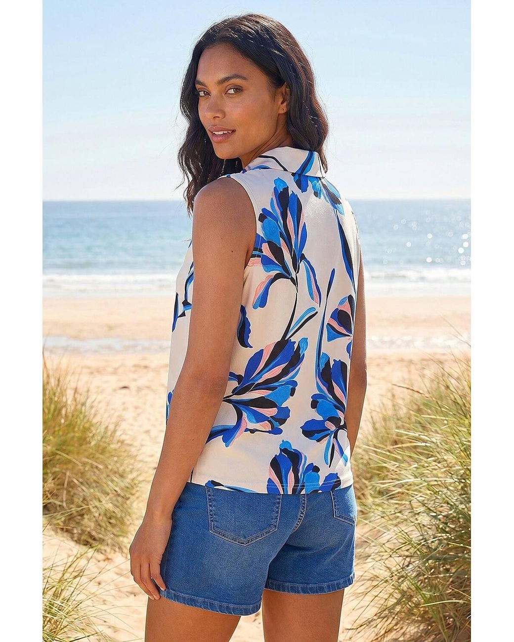 Roman Blue Floral Tie Front Blouse