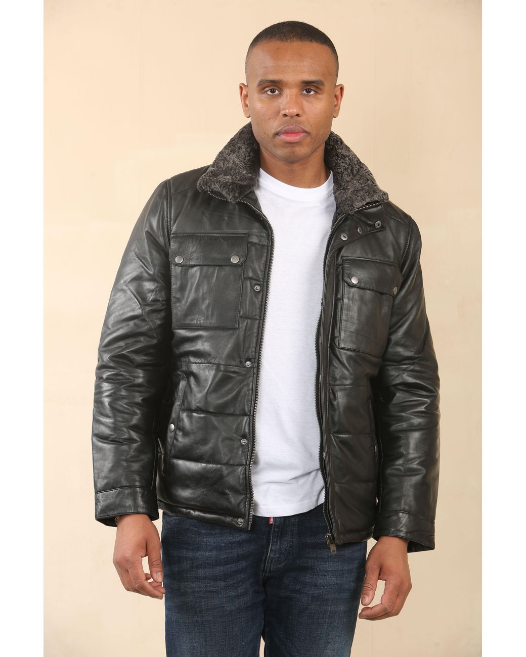 TruClothing Black Quilted Faux Fur Collar Leather Jacket for men