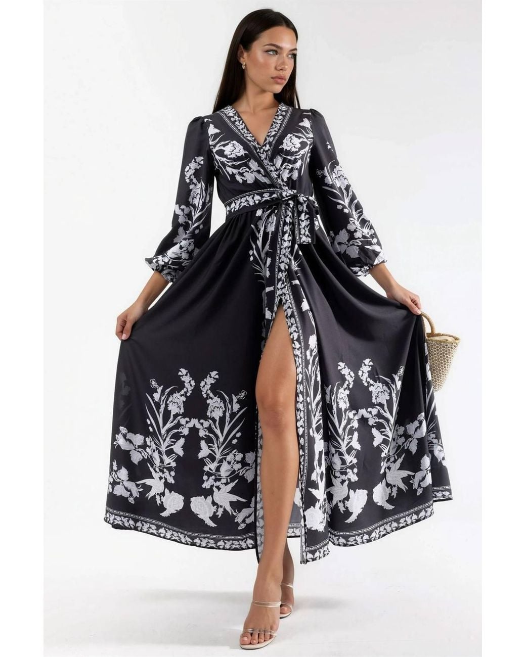 Msn-Collection Blue Floral Maxi Dress With V-Neck & Tie Detail