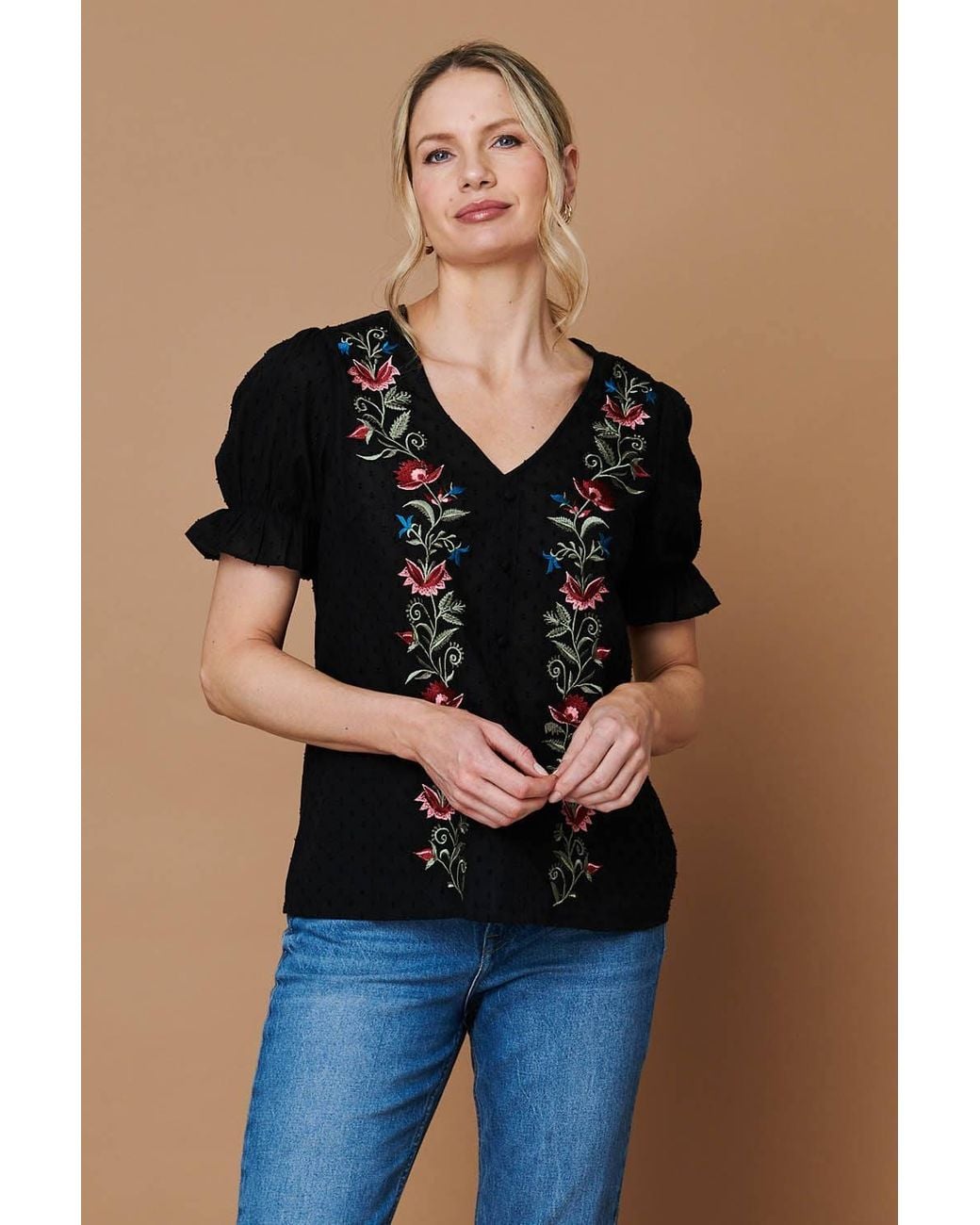 Izabel London Black Floral Embroidery Puff Sleeve Blouse