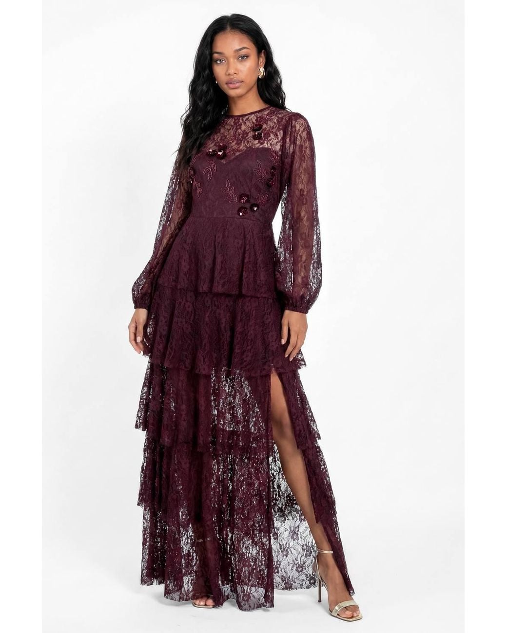 Maya Deluxe Purple Floral Embellished Blouson Sleeve Tiered Lace Maxi Dress