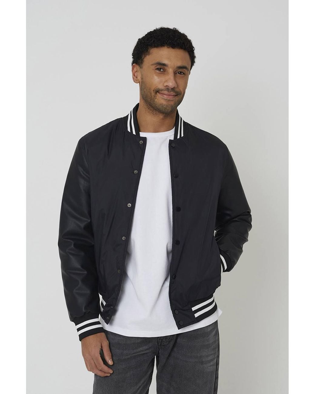 Brave Soul Gray Varsity Style Jacket With Pu Sleeves for men
