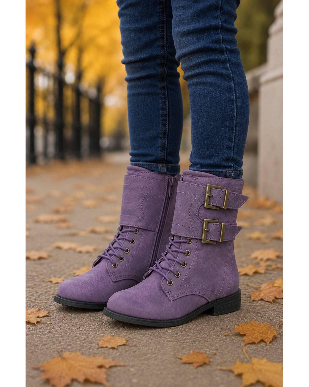 Spot on Blue Buckle Detail Lace Up Mid Calf Boots
