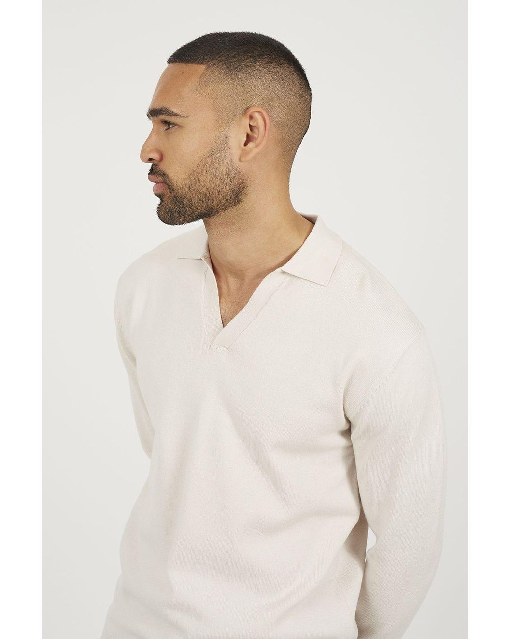 Brave Soul Natural Long Sleeve Knitted Trophy Neck Polo for men