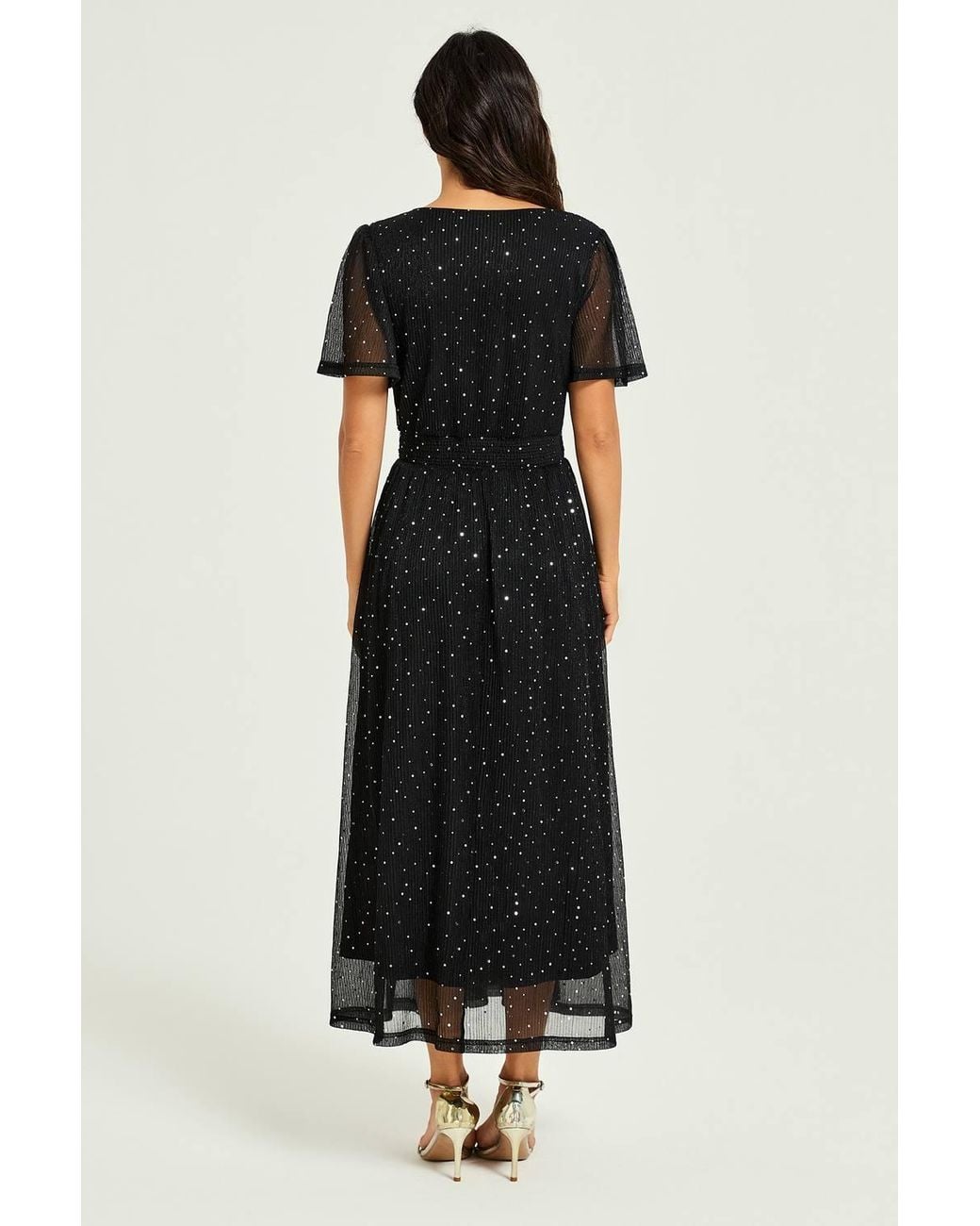 FS Collection Black Sequin Pleated Ruched Waist Midi Dress