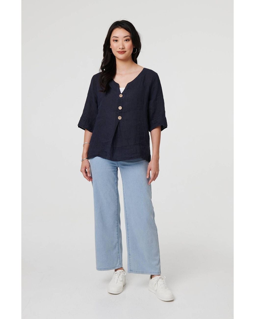 Izabel London Blue Button Detail 3/4 Sleeve Relaxed Blouse