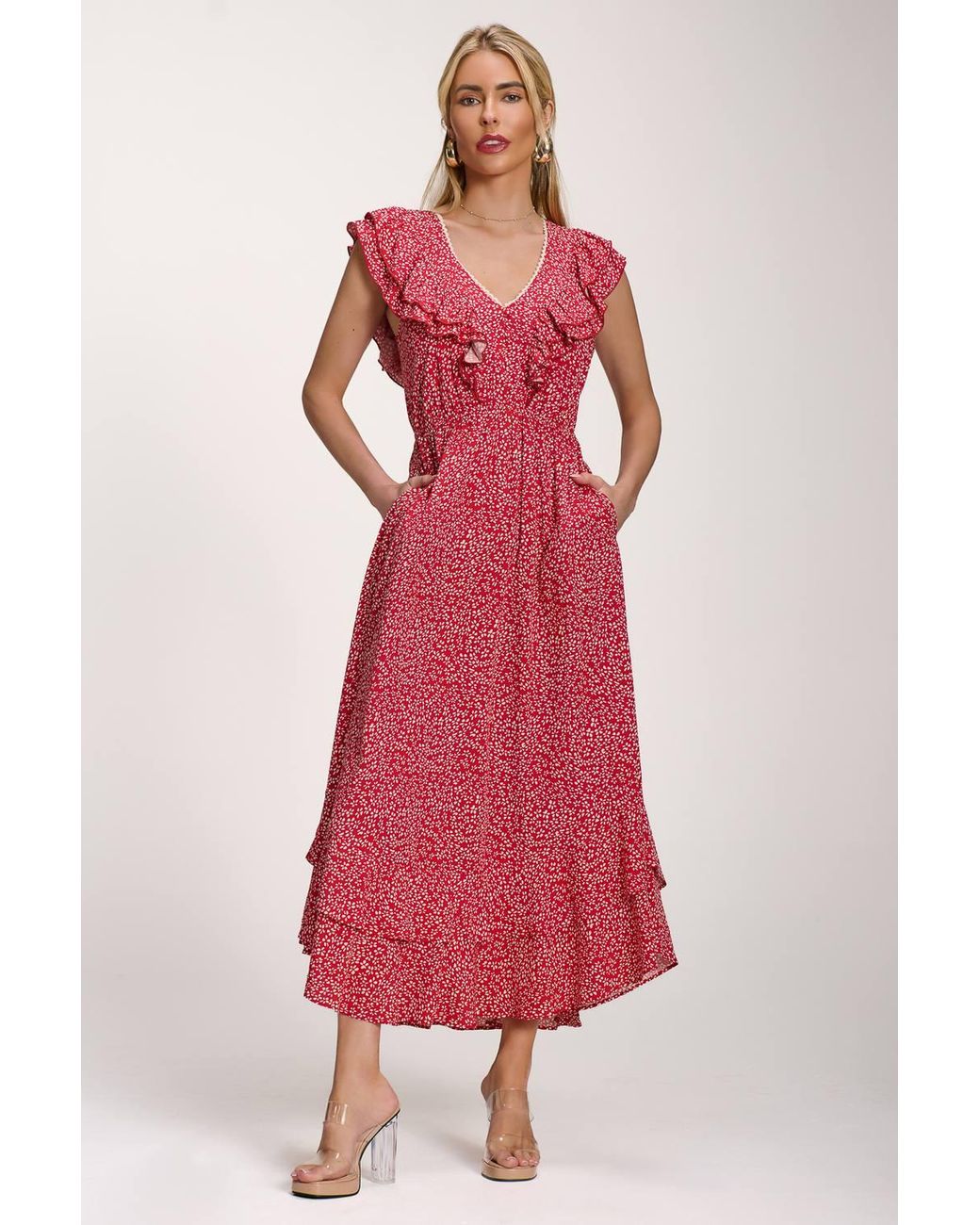 Jolie Moi Red Ruffle V-Neck Viscose Midi Dress