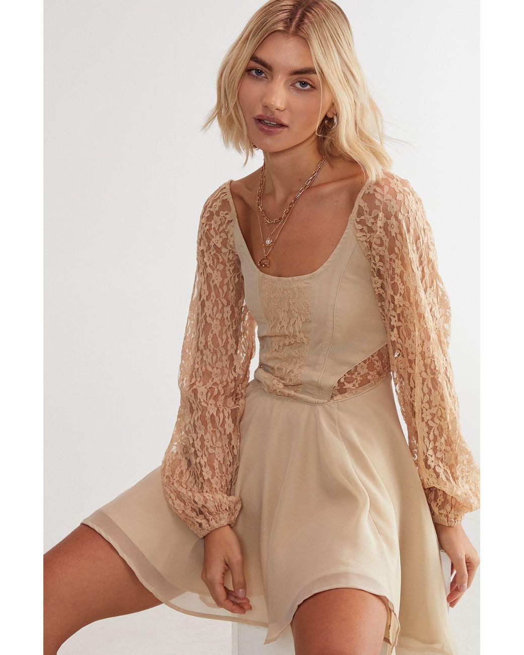 Nasty Gal Natural Lace Insert Skater Mini Dress