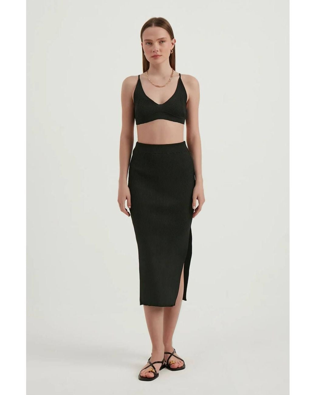 Hiccup Black 2 Pieces: V Neck Bodycon Crop Top & High Waist Maxi With A Side Slit