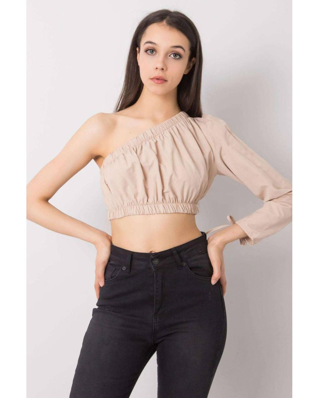 KDMD Black Asymmetrical Neck Long Sleeve Casual Blouse