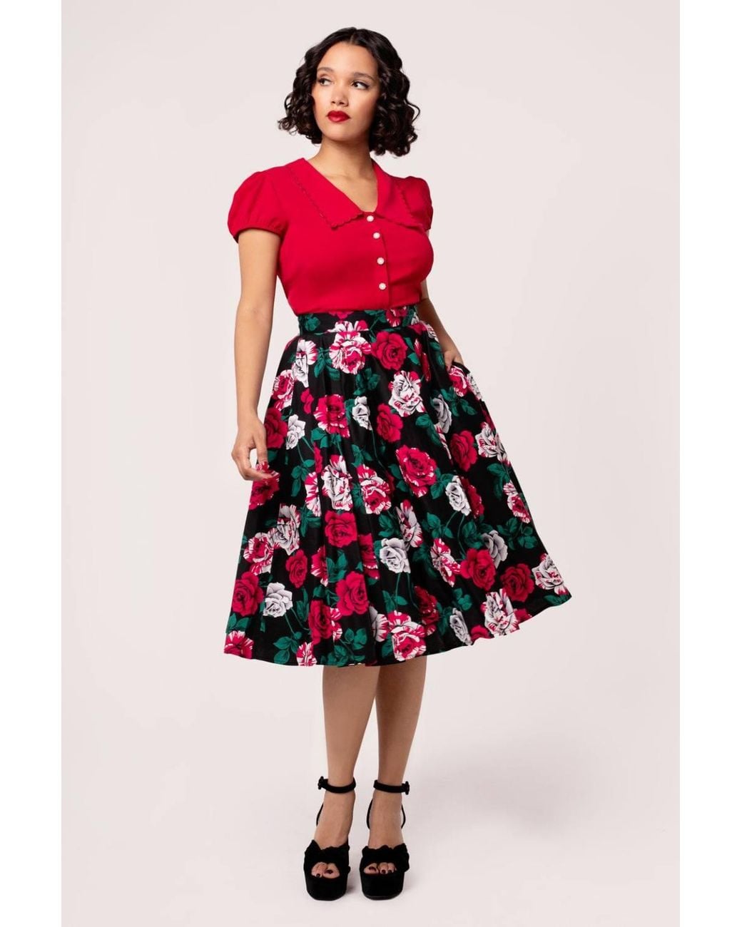 Hell Bunny Red Paint Me Roses Midi Skirt