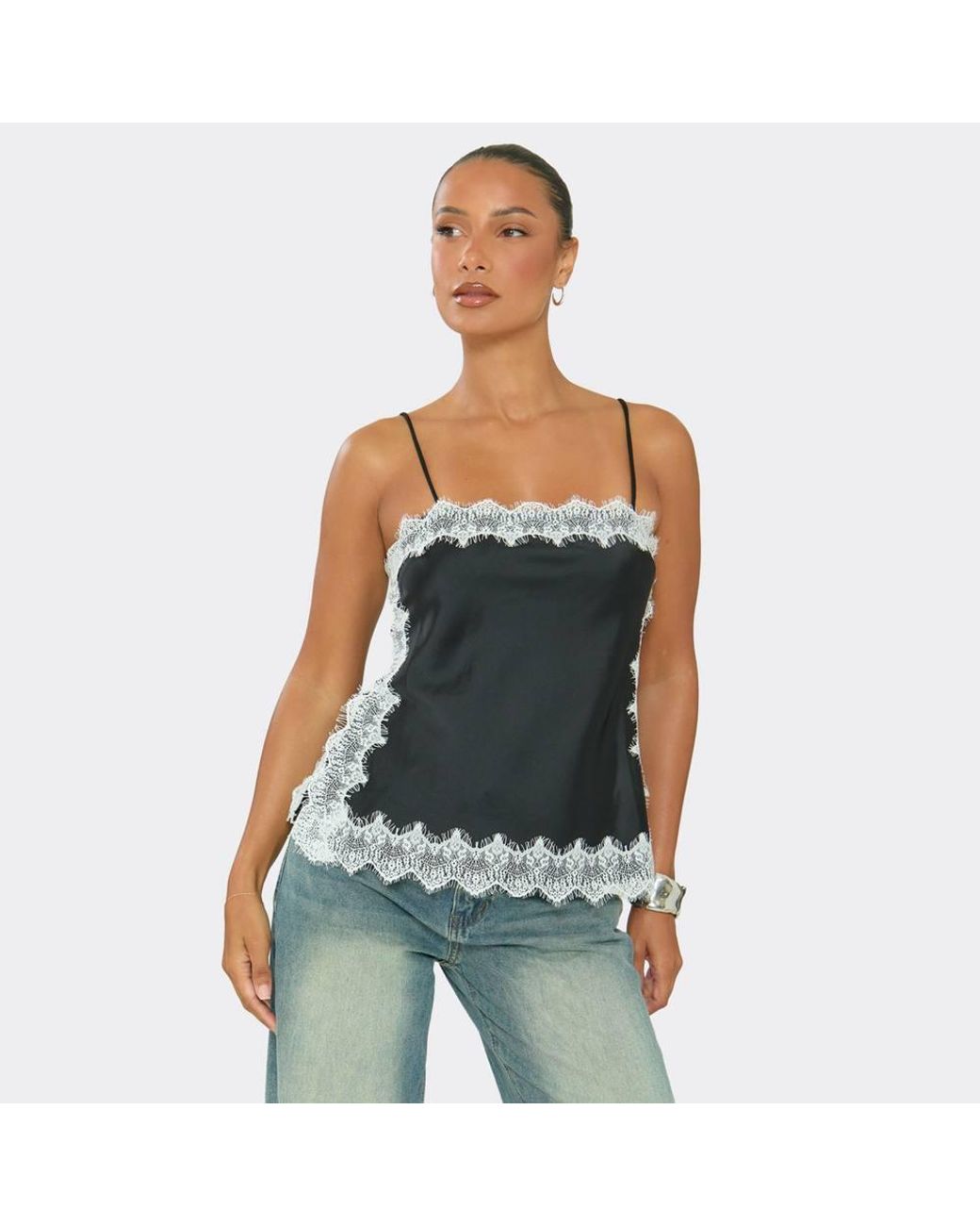 EGO Black Strappy Straight Neck Lacy Satin Cami Top