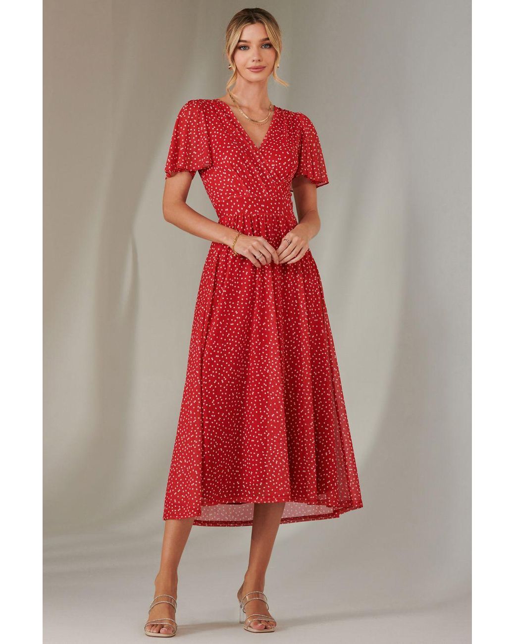 Jolie Moi Red Angel Sleeve Wrap Bodice Mesh Maxi Dress