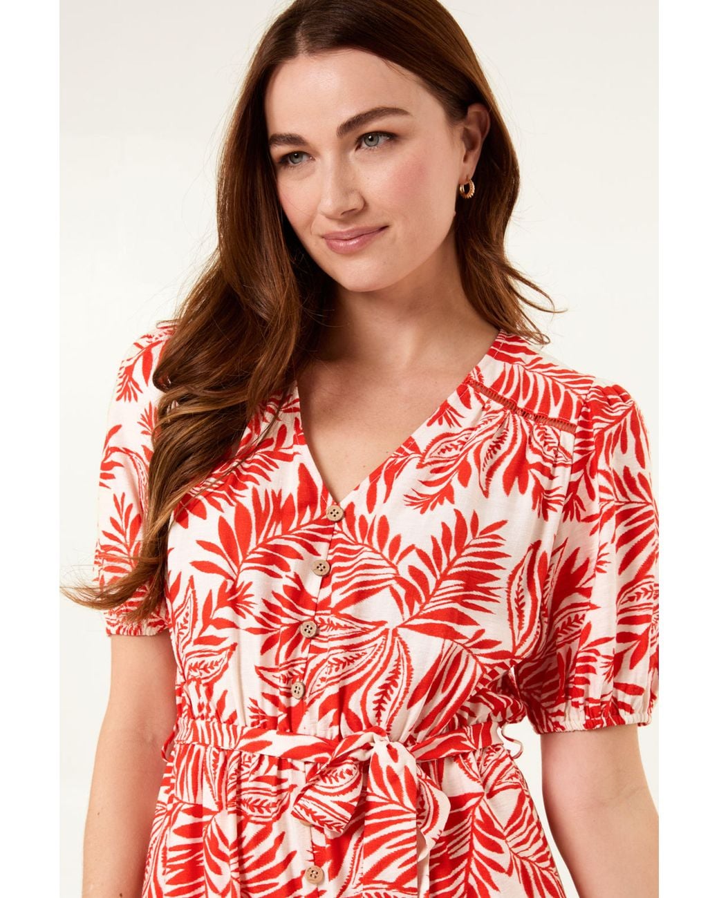 Blue Vanilla Red Elasticated Waist Short Sleeve Zip V-Neck Midi Dress