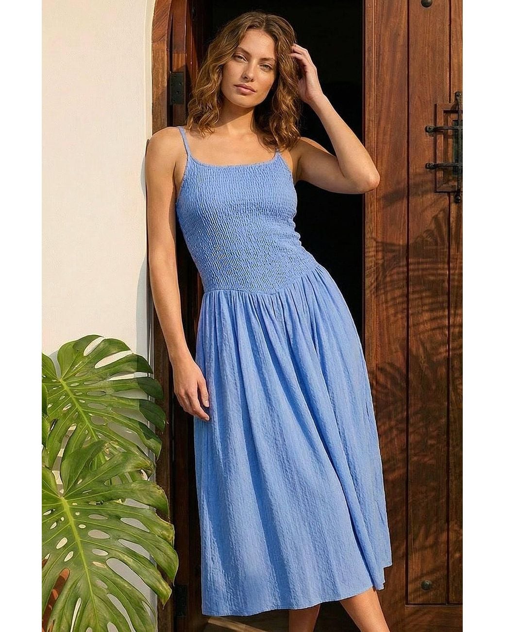 Roman Blue Petite Shirred Bodice Midi Dress