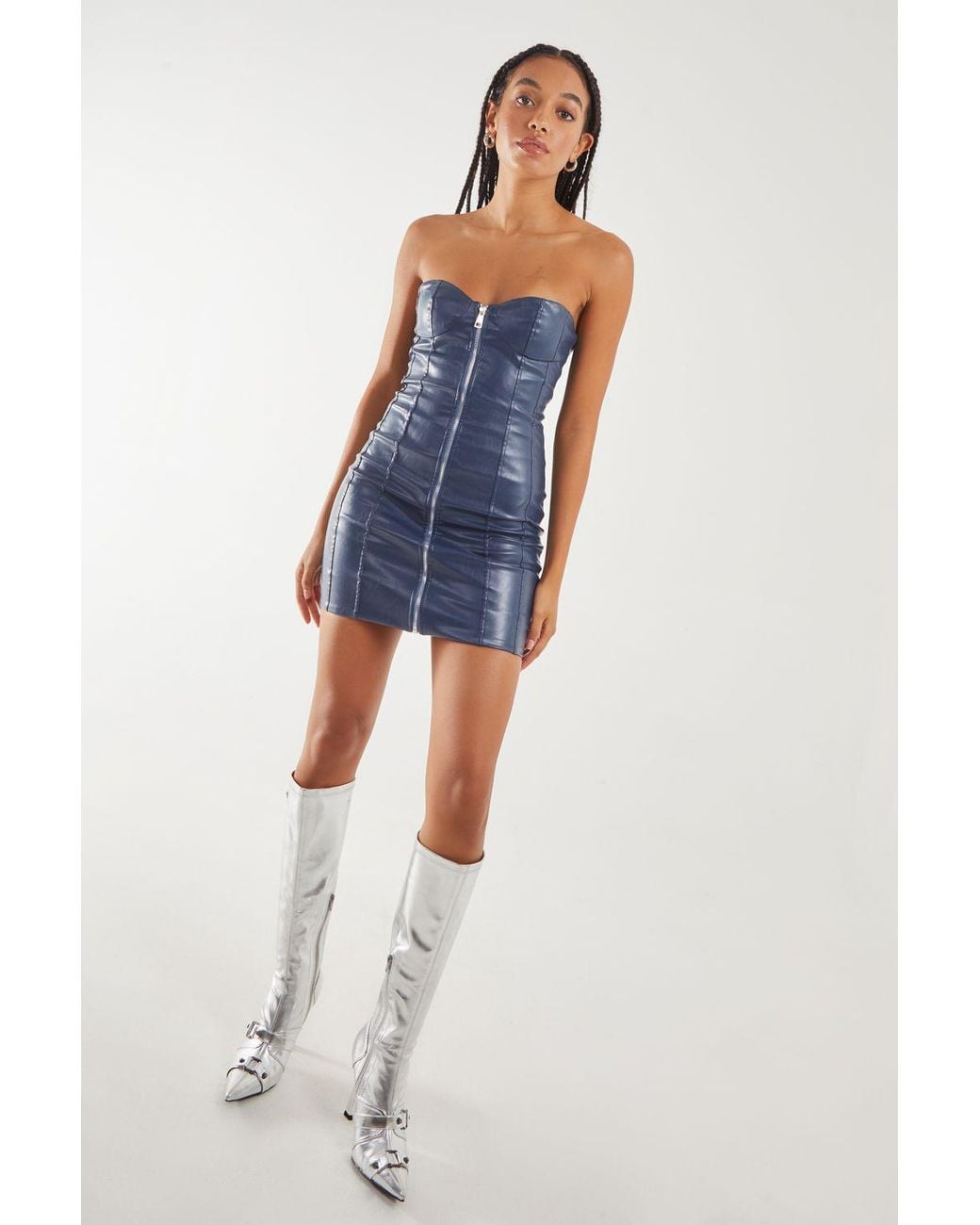 Pink Vanilla Blue Strapless Zip Front Mini Dress