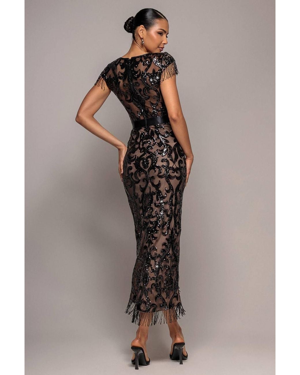 Goddiva Brown Embroidered Sequin Tassel Front Split Midaxi Dress