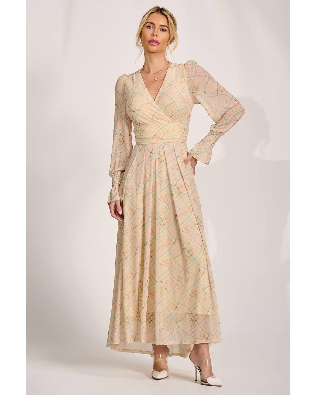 Jolie Moi Natural Long Sleeve V Neck Mesh Maxi Dress
