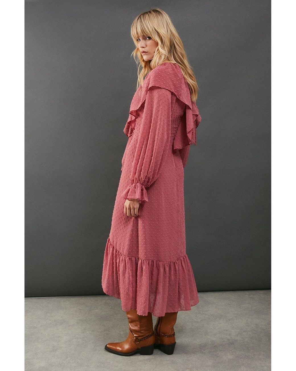 Warehouse Gray Dobby Chiffon Ruffle High Low Hem Midi Dress