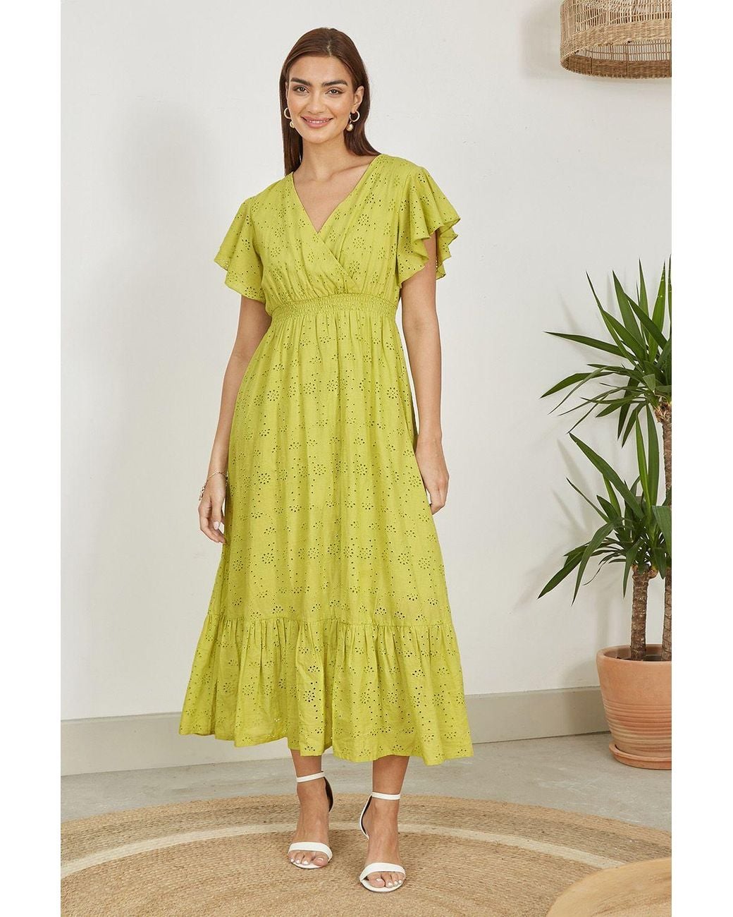Yumi' Yellow Lime Cotton Broderie Anglaise Wrap Midi Dress