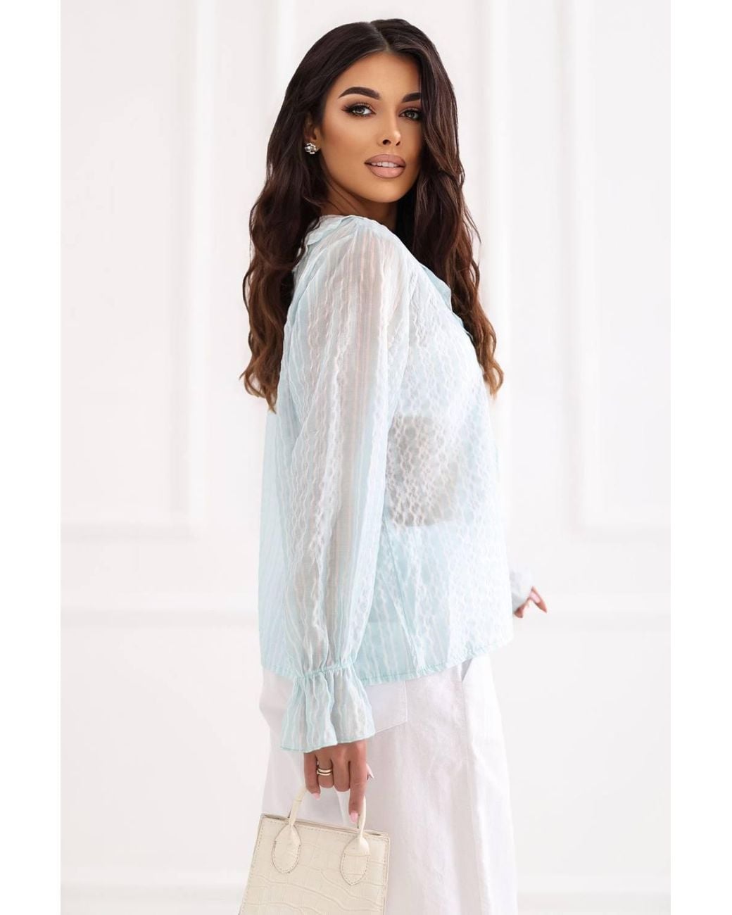 Love Lace White Striped V-Neck Long Sleeve Blouse