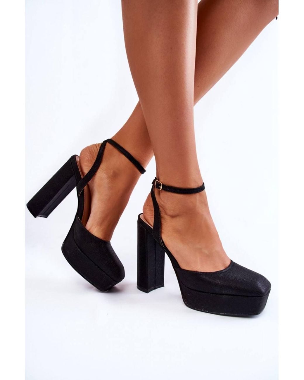 Love Lace Black Glitter Heel Sandals With Square Toe Ankle Buckle Party Style
