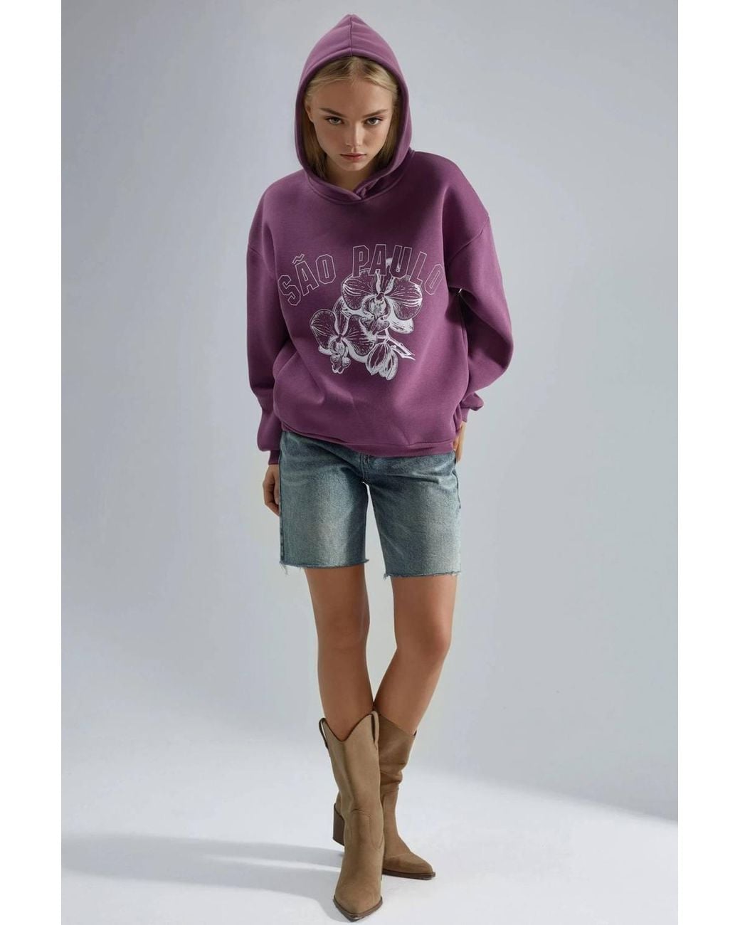 Busem Purple Oversized Printed Hooded Sweatshirt