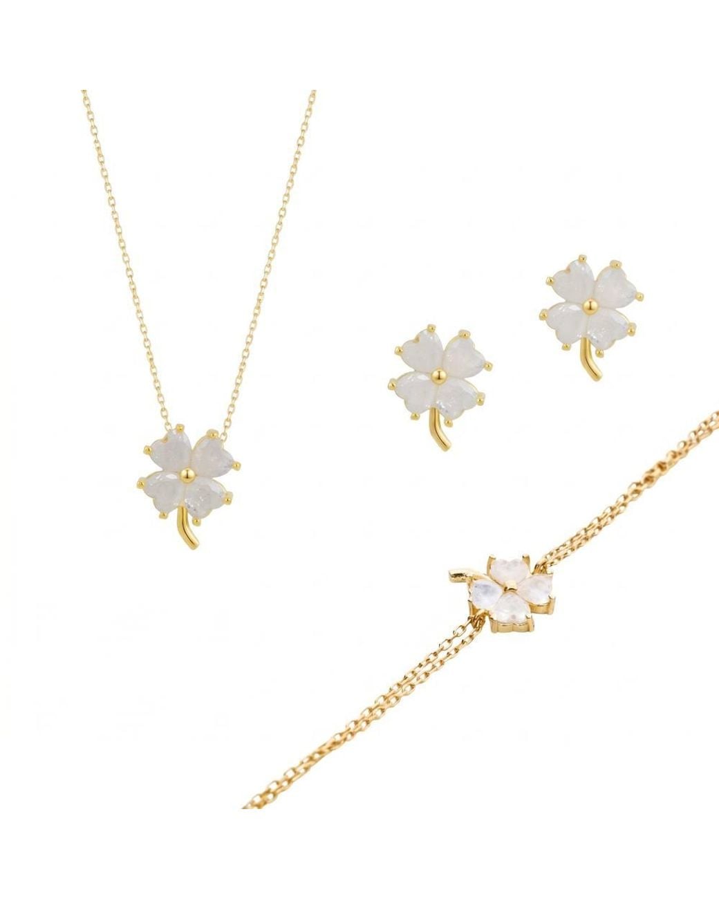 Spero London Metallic Four Clover Sterling Bracelet Necklace & Earring Set