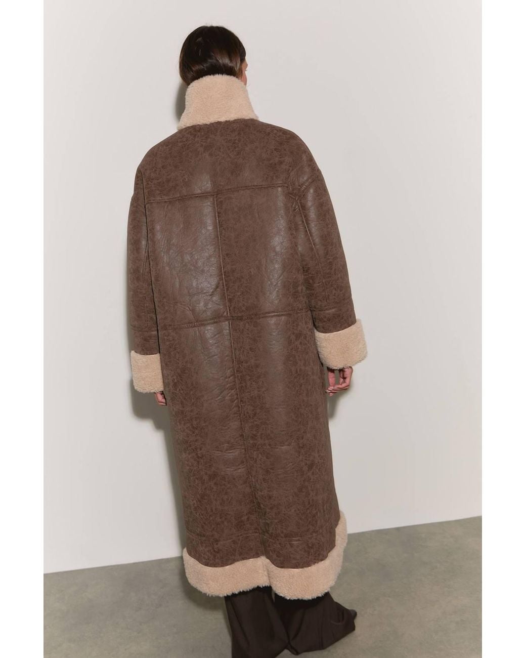 Warehouse Brown Oversized Maxi Aviator Bonded Faux Fur Coat