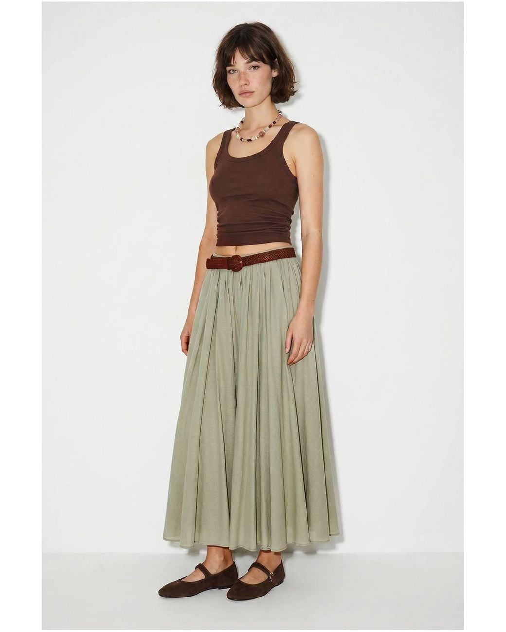 Bianco Lucci Green High-Waist Pleated Maxi Skirt