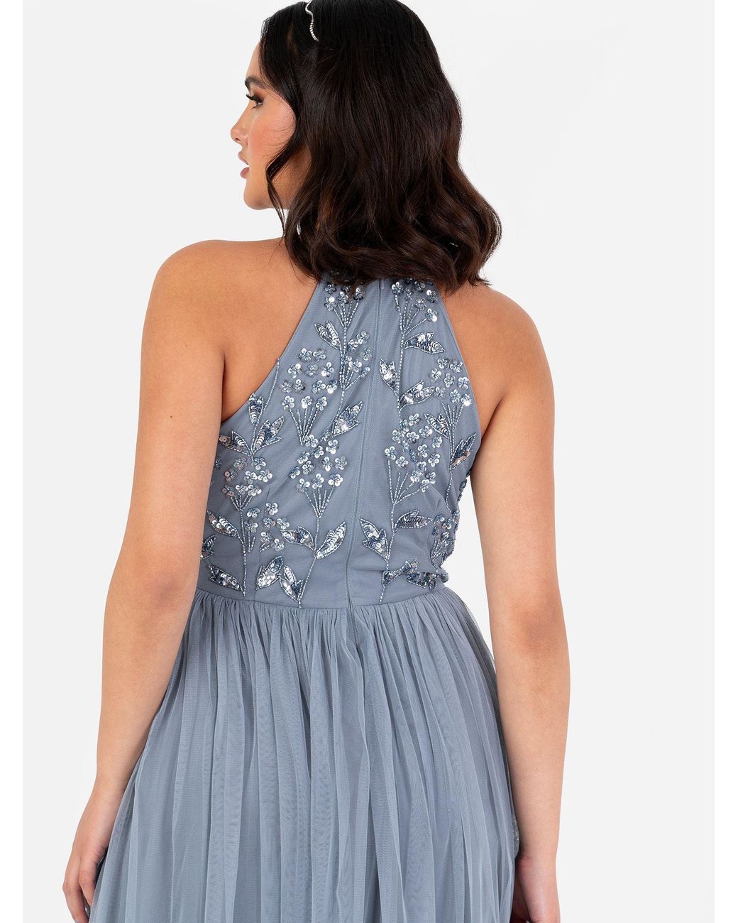 Maya Deluxe Blue Floral Embellished Halter Neck Maxi Dress