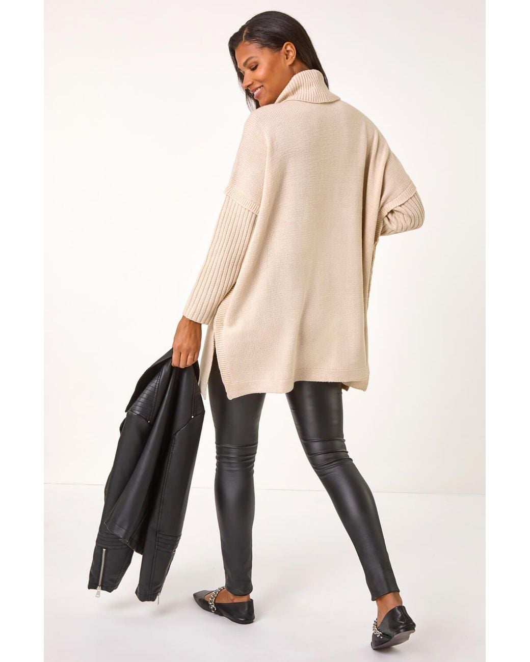 Roman Natural Cable Knit Roll Neck Poncho Jumper