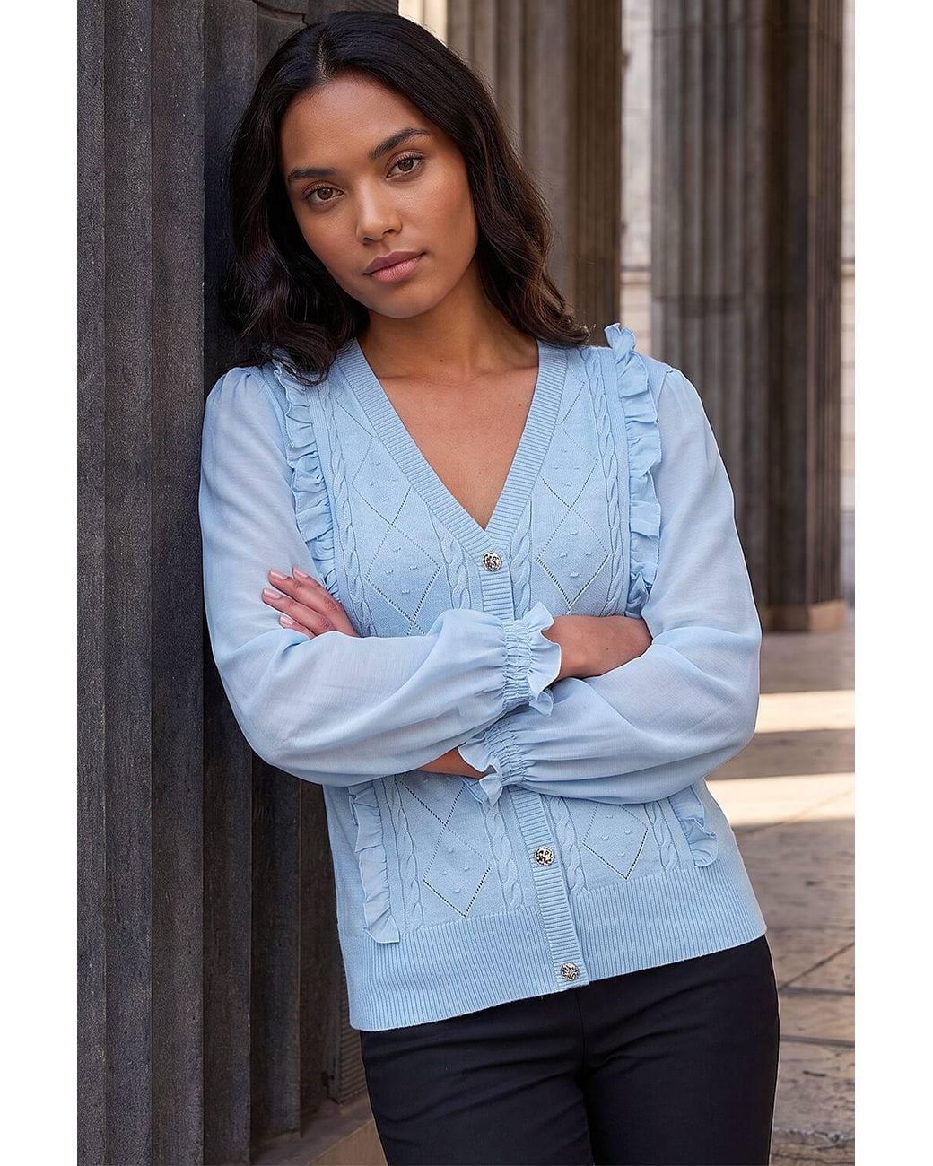Roman White Woven Sleeve Buttoned Knit Jumper