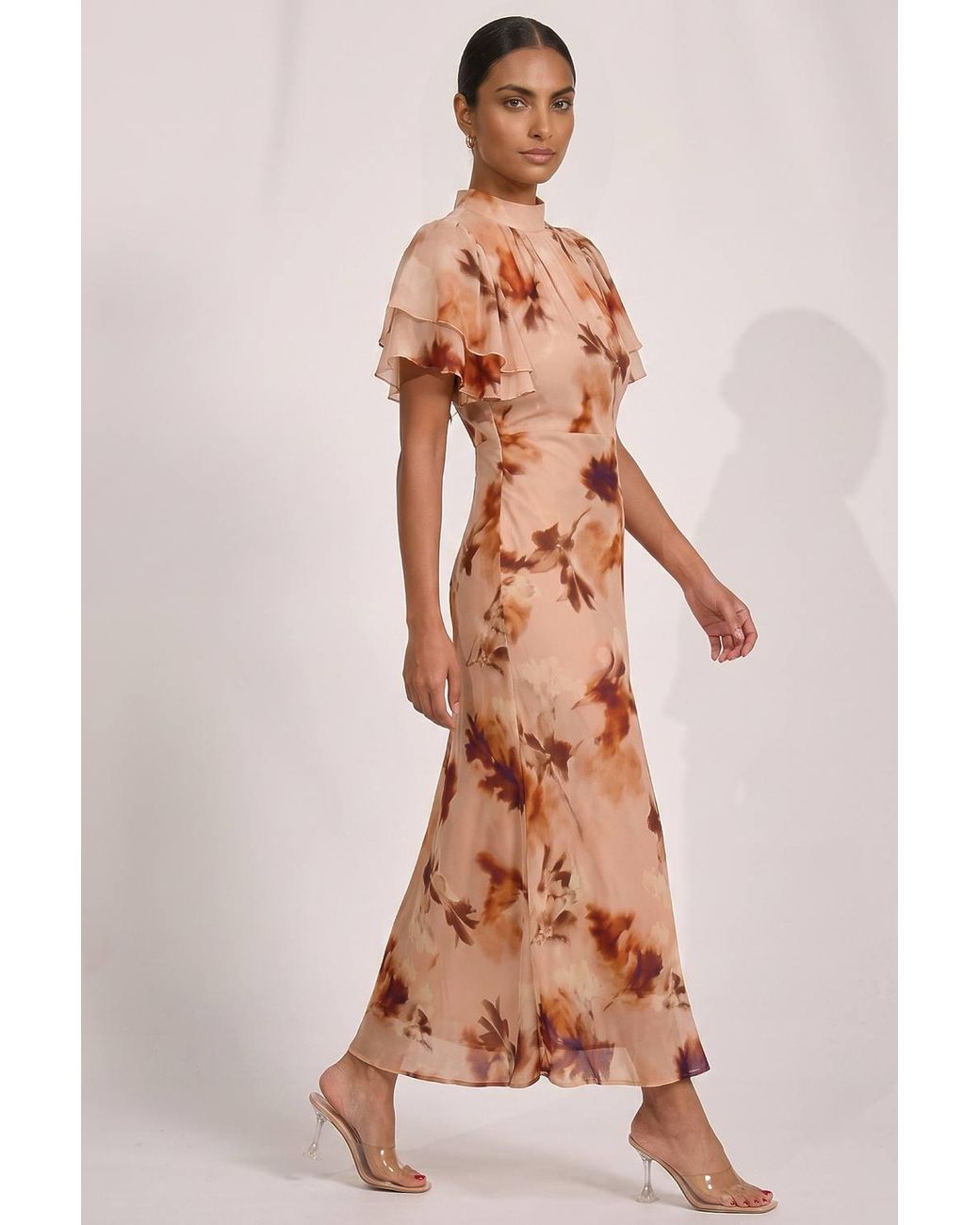 Jolie Moi Natural High Neck Angel Sleeve Chiffon Maxi Dress