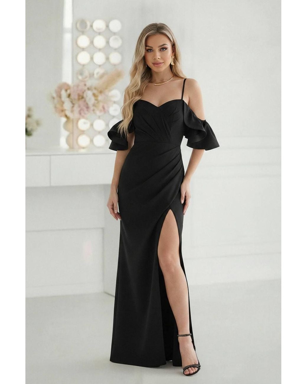 Love Lace Black Evening Pleated Strappy Maxi Dress With Side Slit