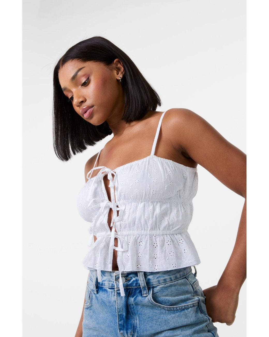 Pink Vanilla White Tie Front Broderie Cami Top