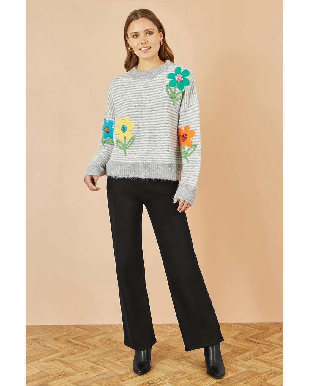 Yumi' Blue Striped Relaxed Fit Jumper With Flowers