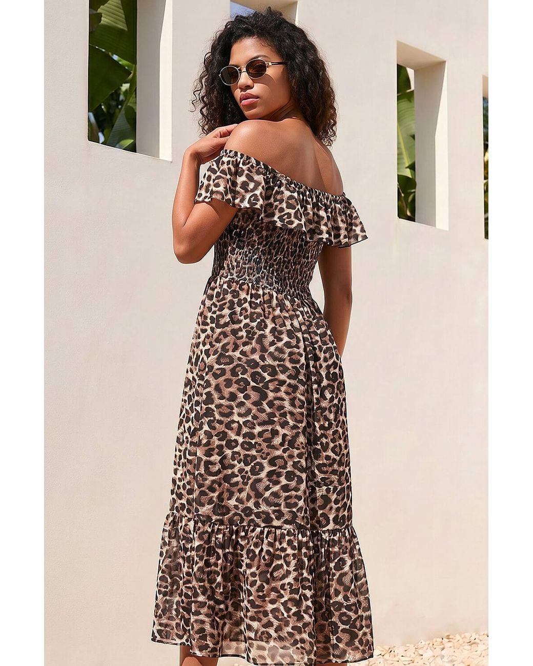 Roman Natural Petite Animal Print Bardot Midi Dress