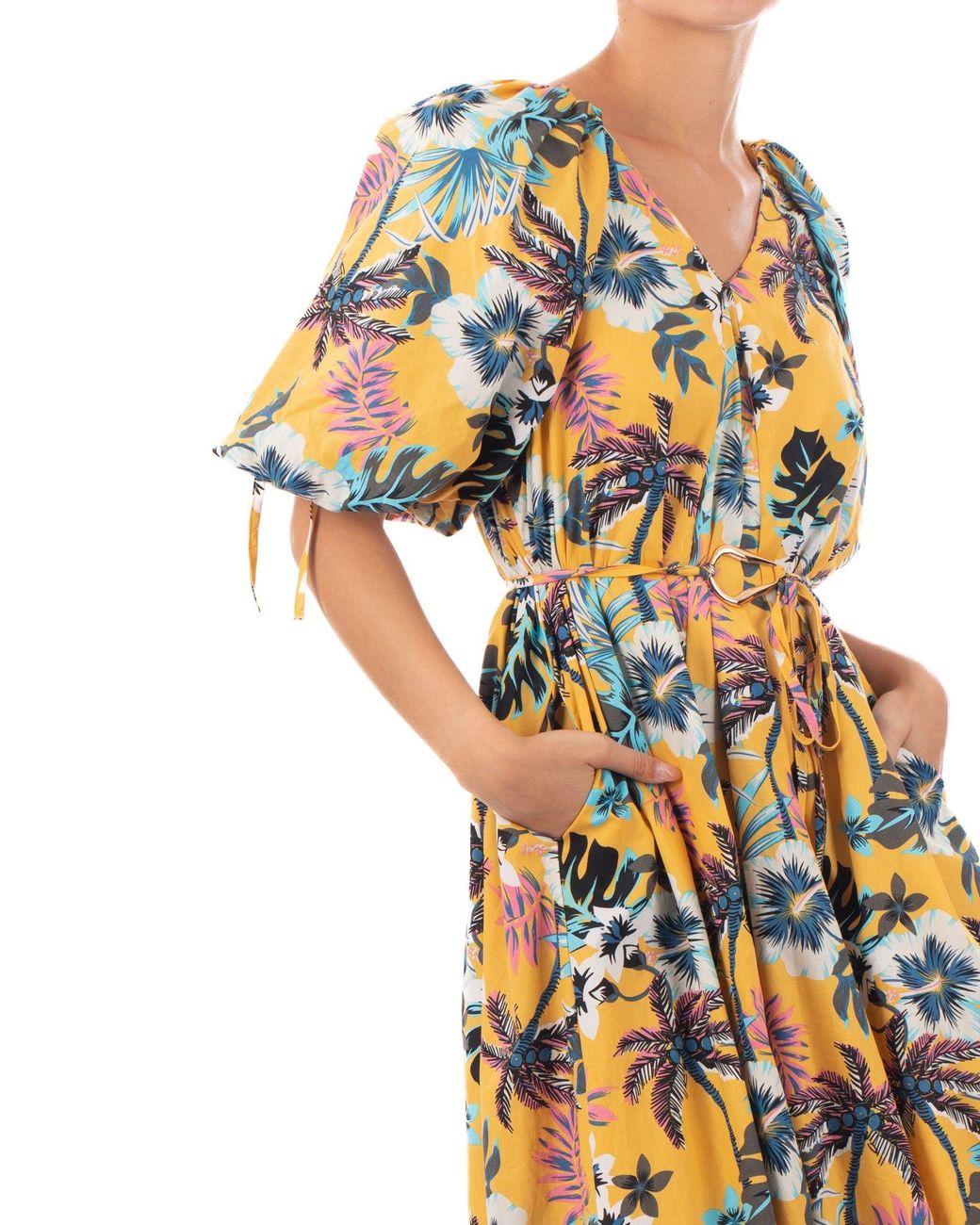 CY Gray Oversized Puff Sleeve Midi Dress