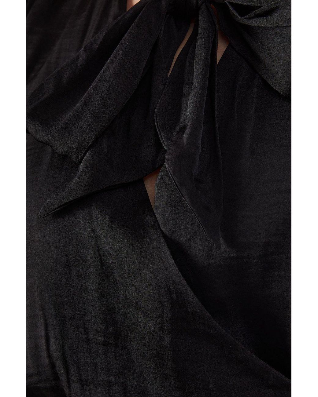 Warehouse Black Satin Tie Neck Flippy Mini Dress