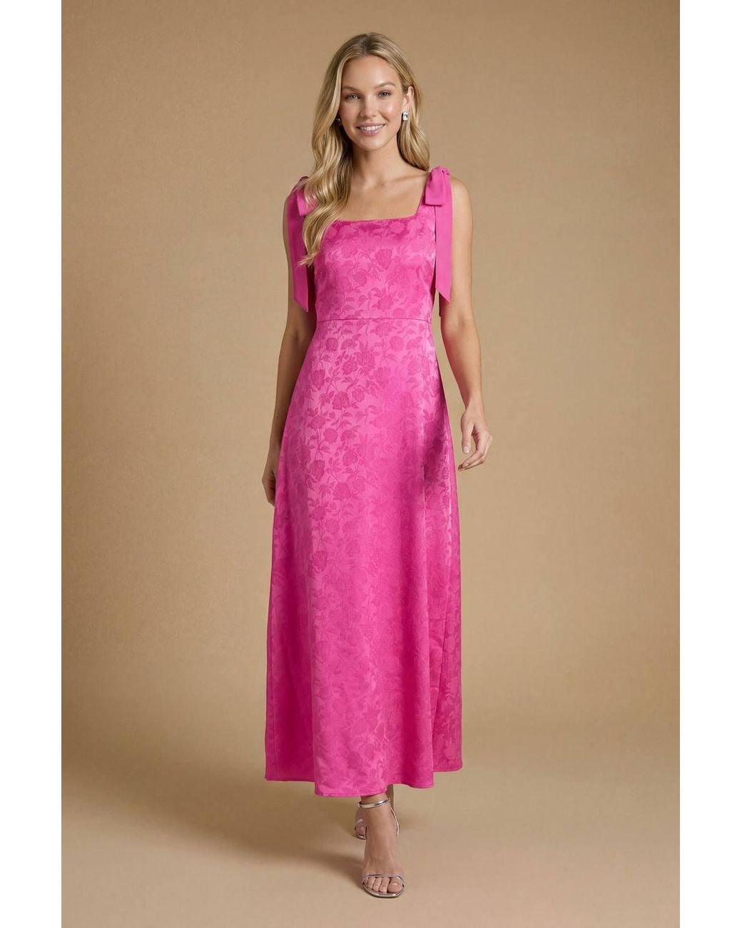 Oasis Pink Petite Square Neck Chiffon Tie Shoulder Satin Jacquard Bridesmaid Maxi Dress