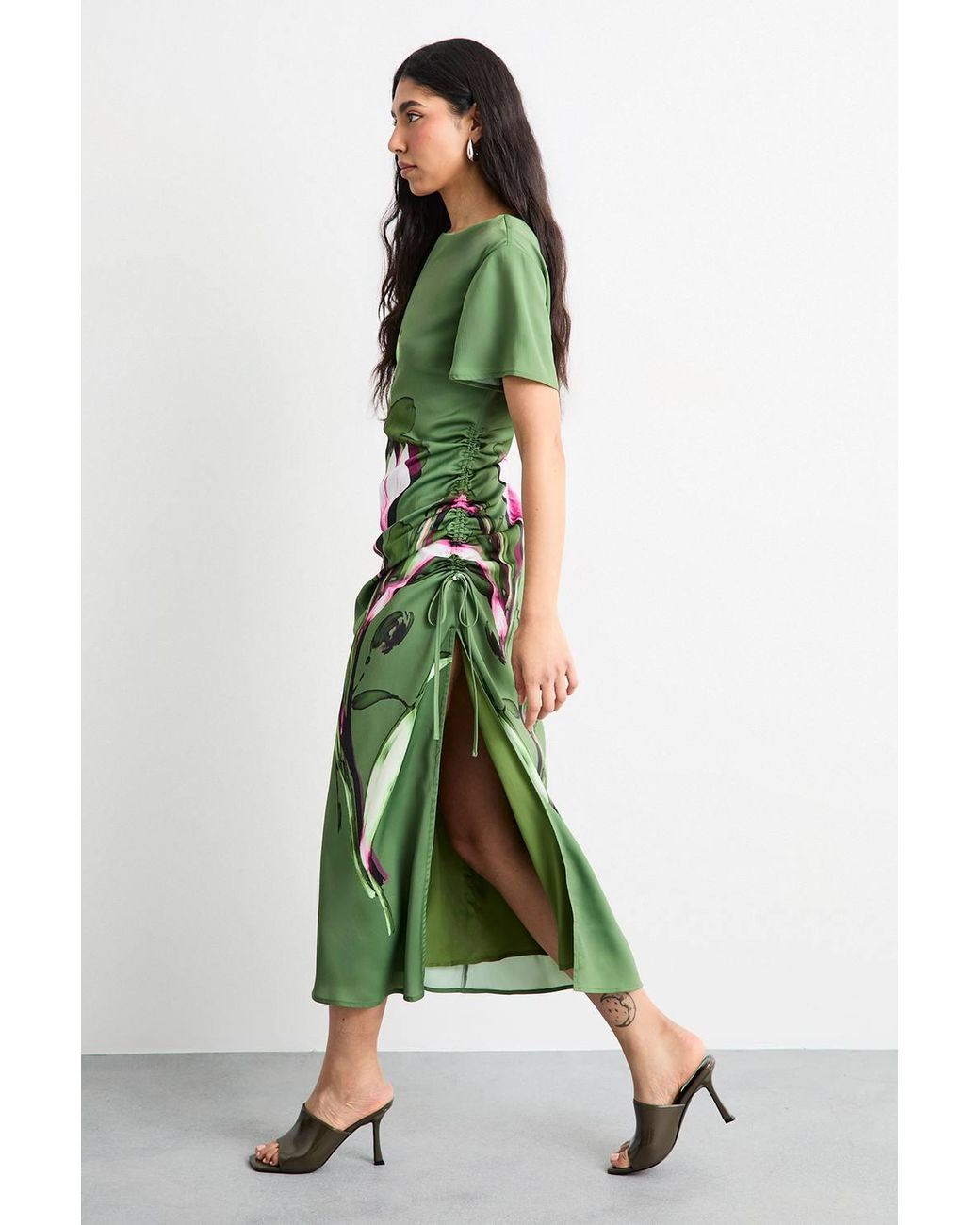 Warehouse Green Floral Printed Drawstring Waist Short Sleeve Midi Dress
