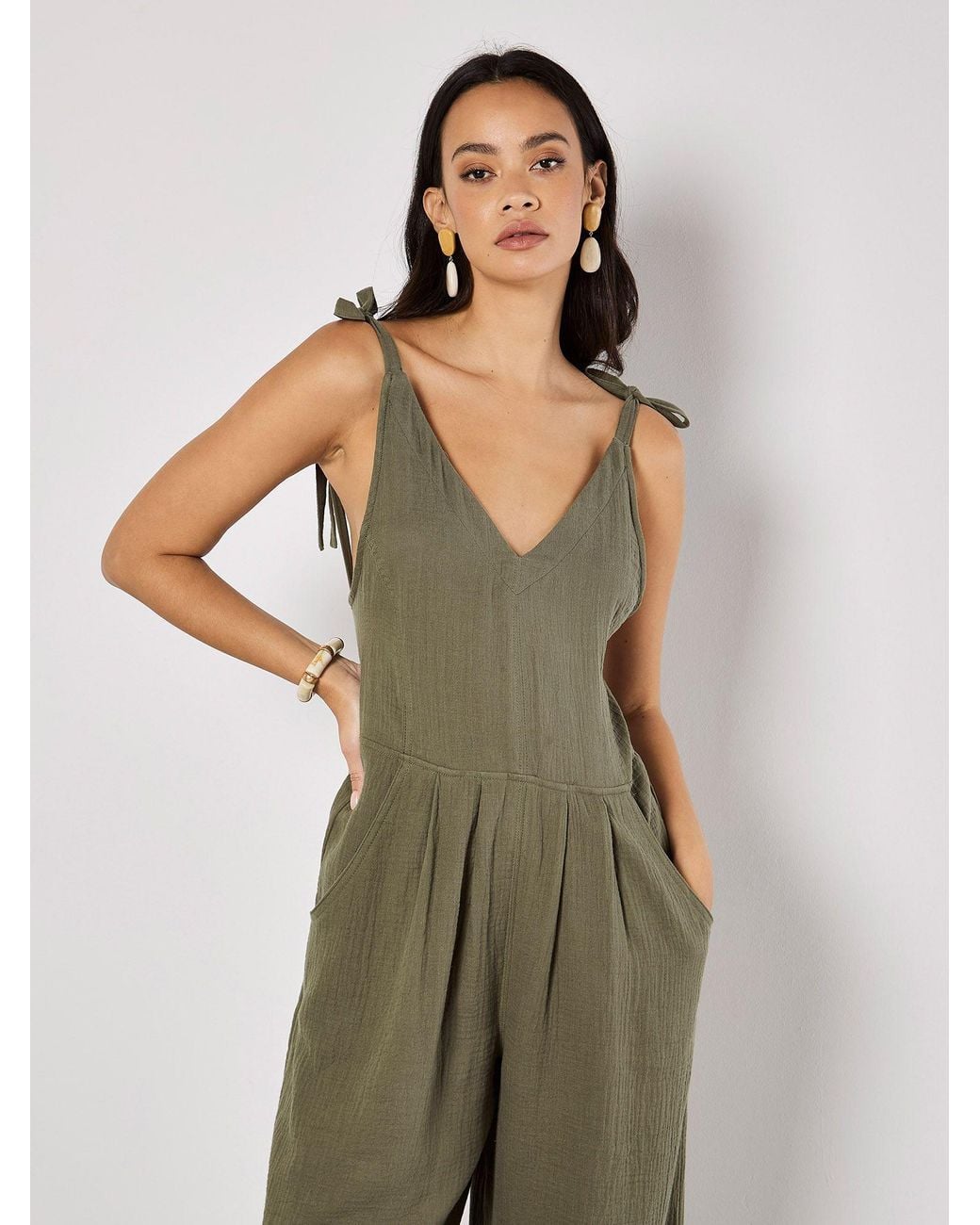 Apricot Green Textured Cotton Wide Leg Jumpsuit