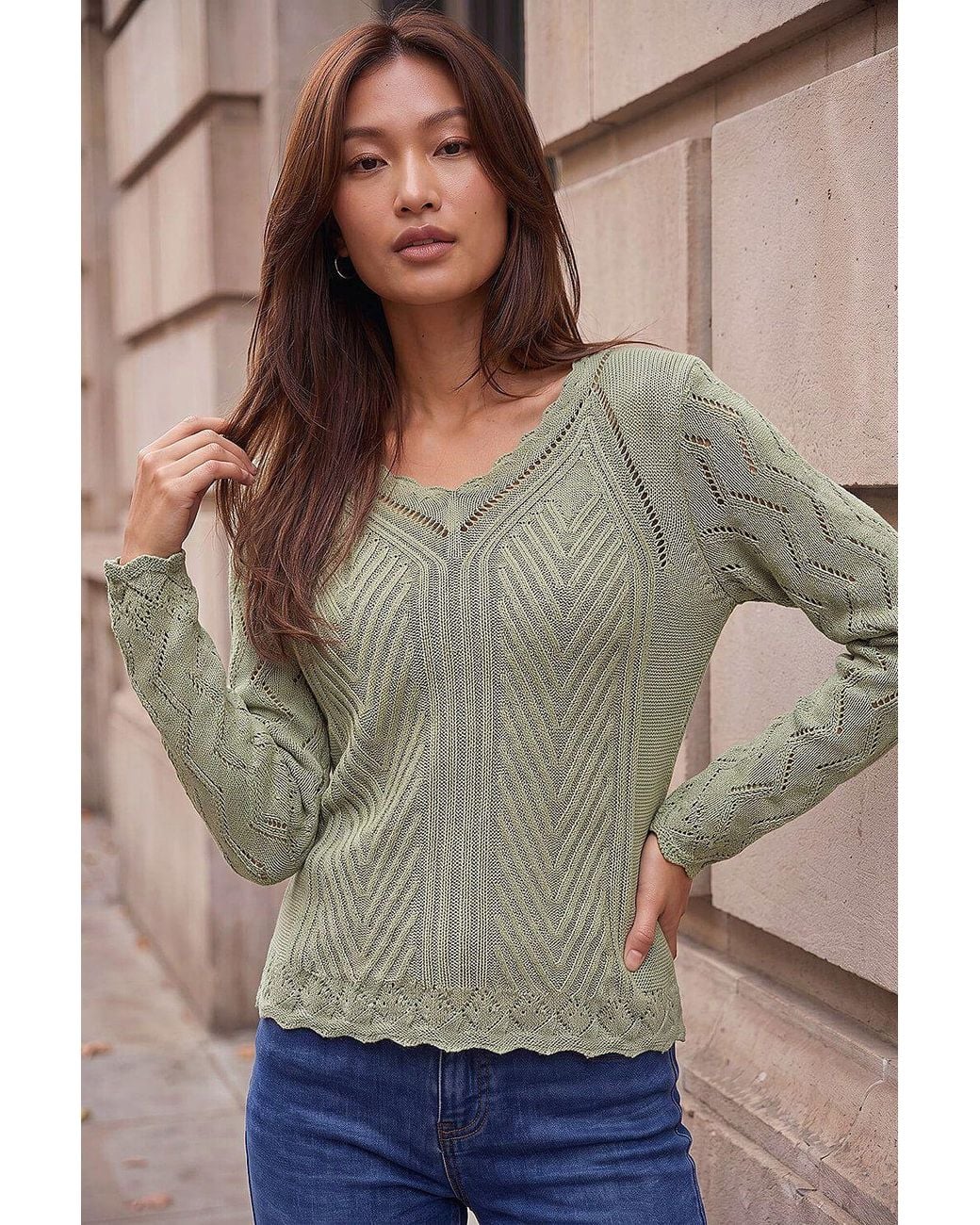Roman Green Scallop V-Neck Knit Jumper
