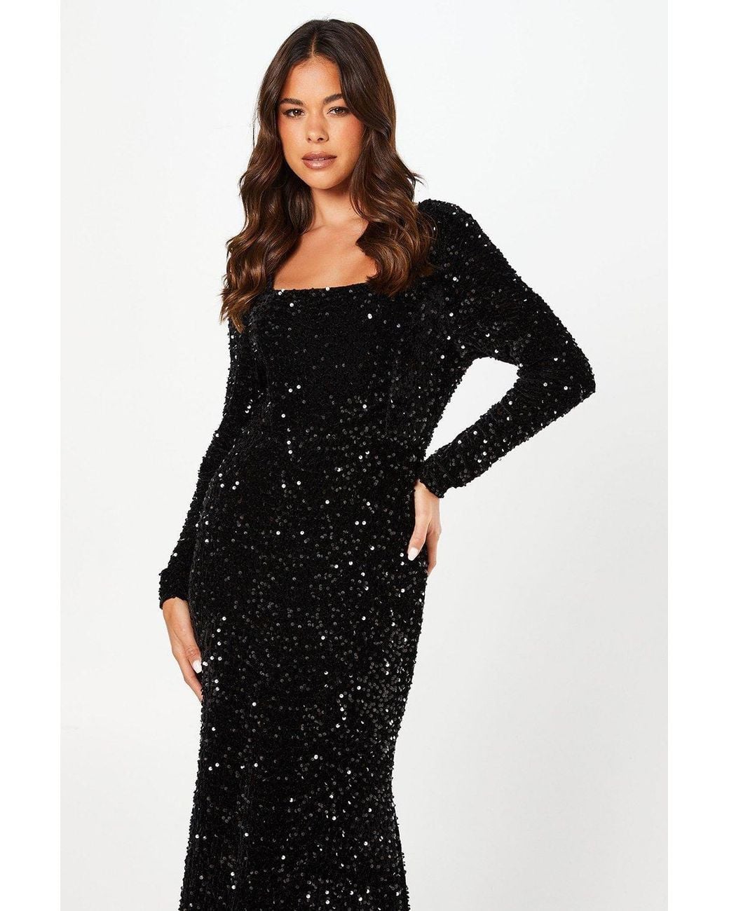 Coast Black Square Neck Velvet Sequin Long Sleeve Maxi Dress