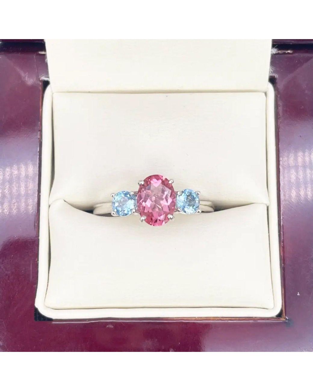 Raina Jewels Pink 18Ct Oval Tourmaline & Aquamarine Trilogy Ring 1.60 Ct