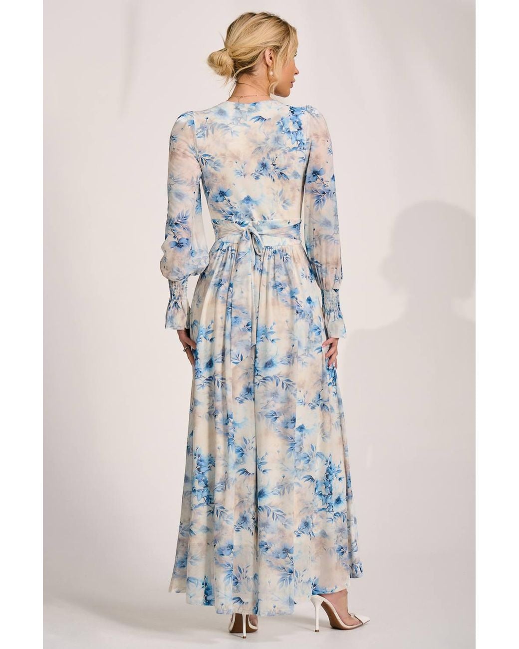 Jolie Moi Blue Long Sleeve V Neck Mesh Maxi Dress