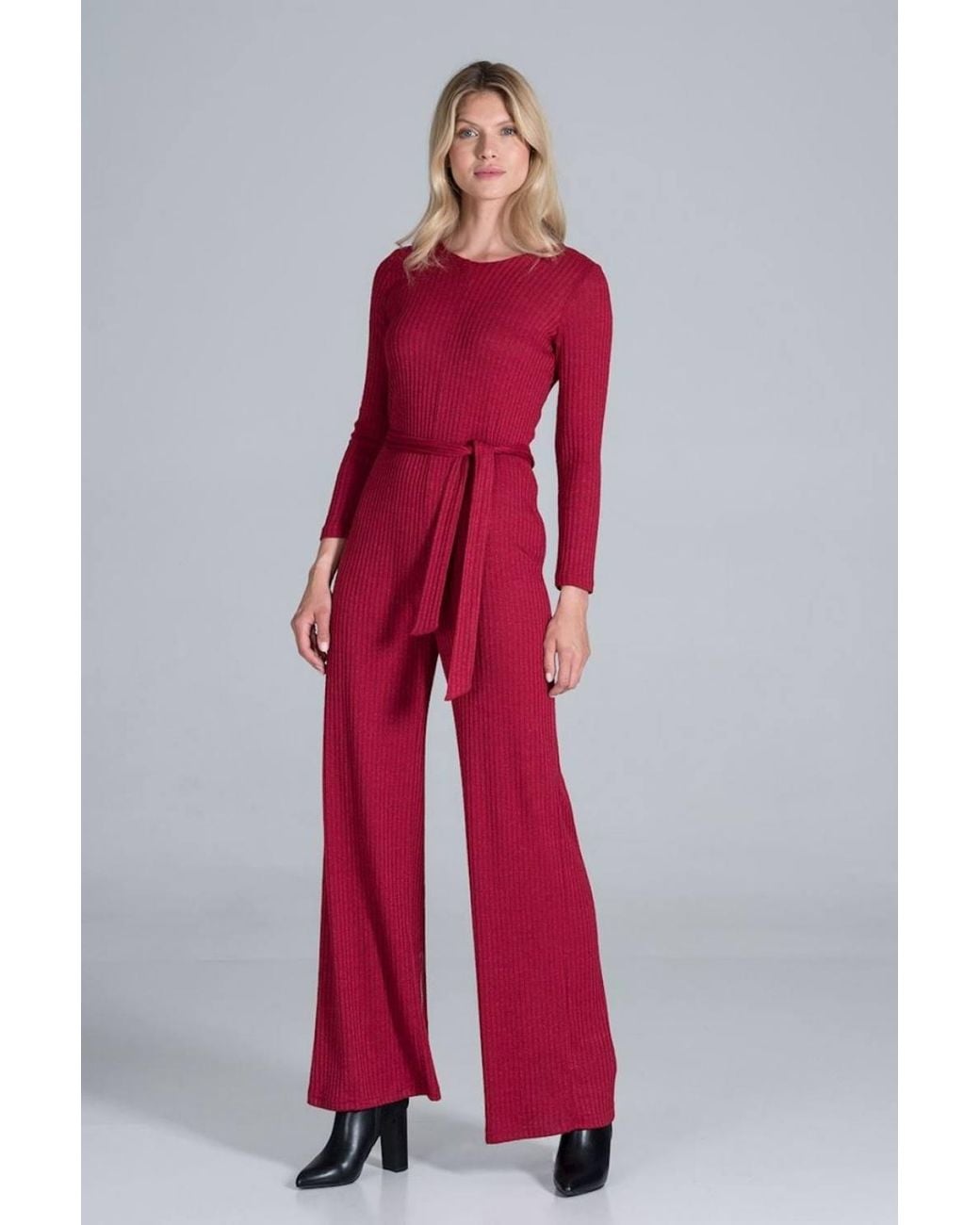 Love Lace Red Ribbed Knit Long Sleeve Wide Leg Jumpsuit