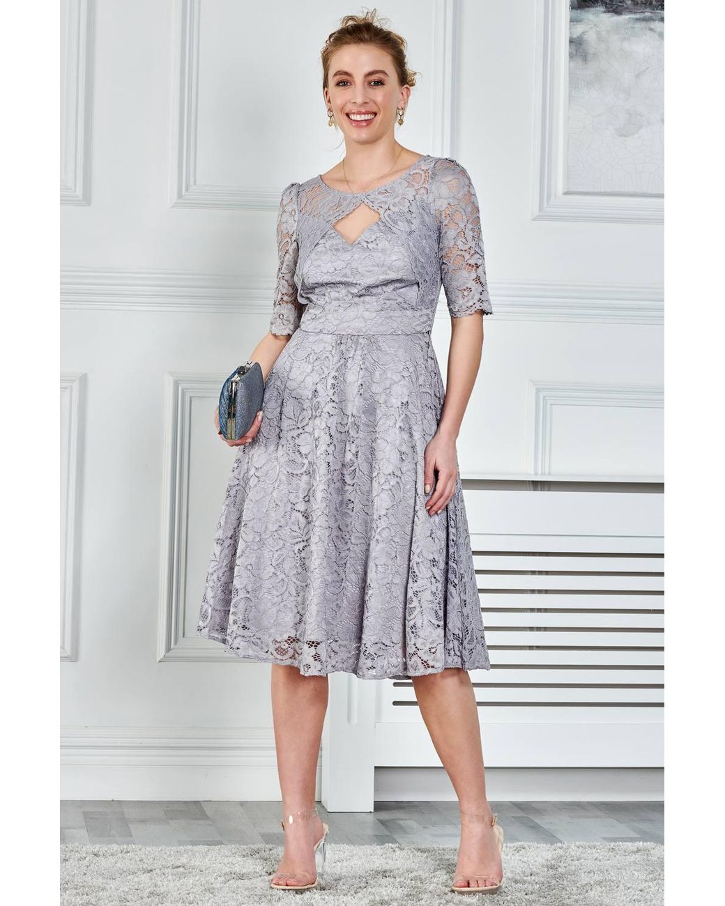 Jolie Moi Gray Fit & Flare Lace Midi Dress